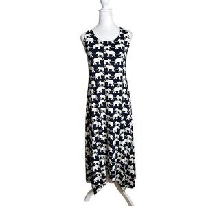 Nina Leonard Navy Blue & White Elephant Print Sleeveless Summer Maxi Dress Sz M